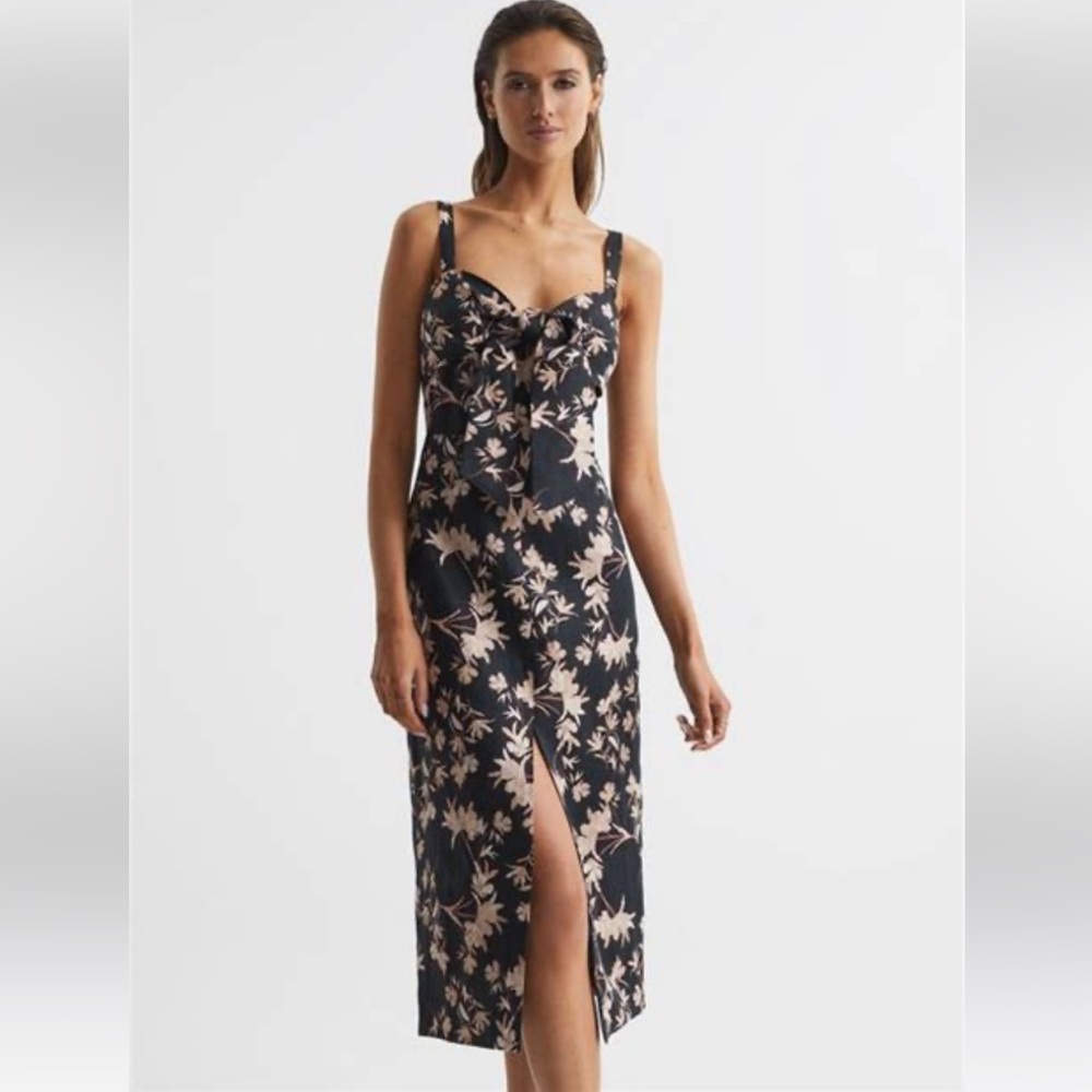 NWT Reiss Aleen Floral Print Linen Midi Dress in Black/Blush